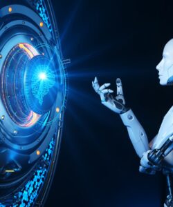 Human like robot talking to artificial intelligence. Concept. 3D illustration